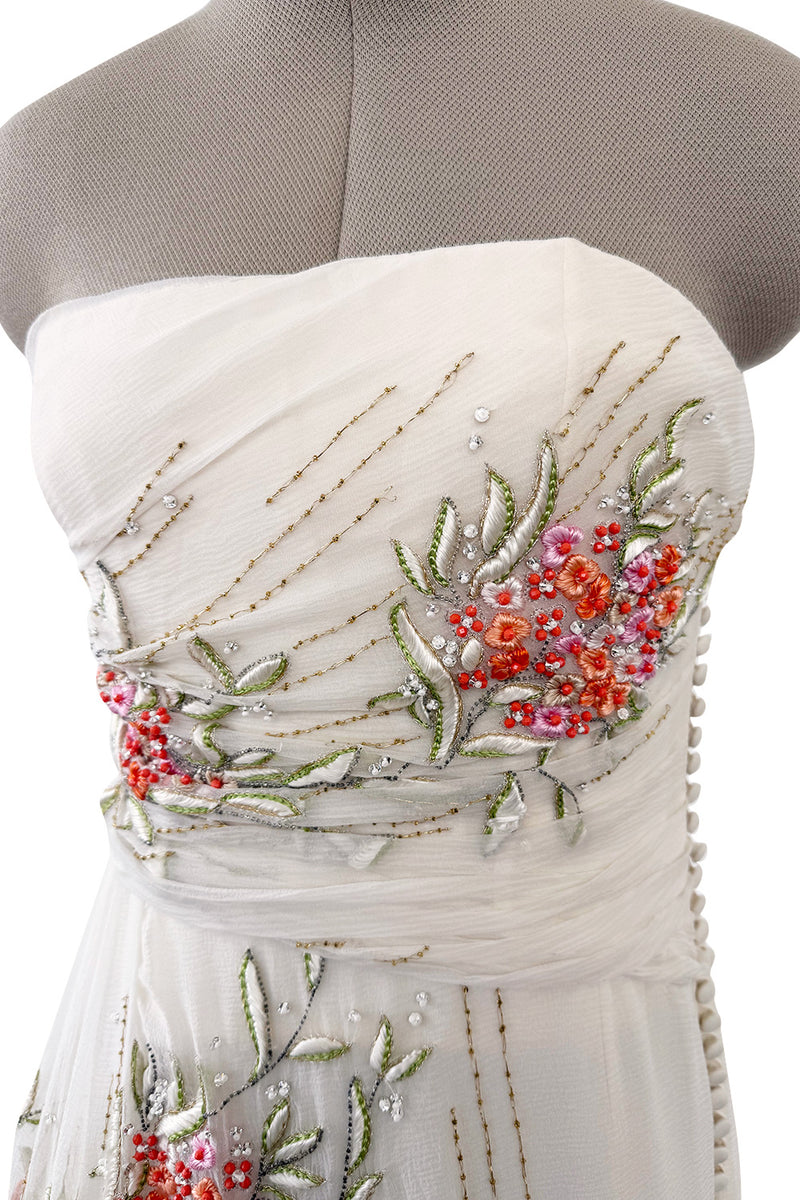 Exceptional Spring 2008 Christian Dior by John Galliano Ivory Silk Chiffon Dress w Floral Embroidery