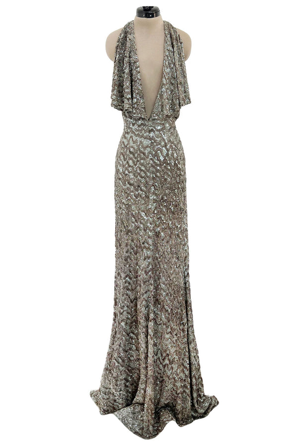 Contrast Block See Through Panel Sparkly Silver Sequin Gown Dress
