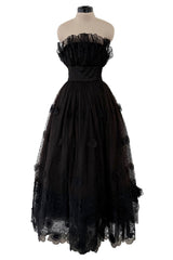 Prettiest 1960s Arnold Scaasi Black Strapless Dotted Net Dress w Flower Appliques