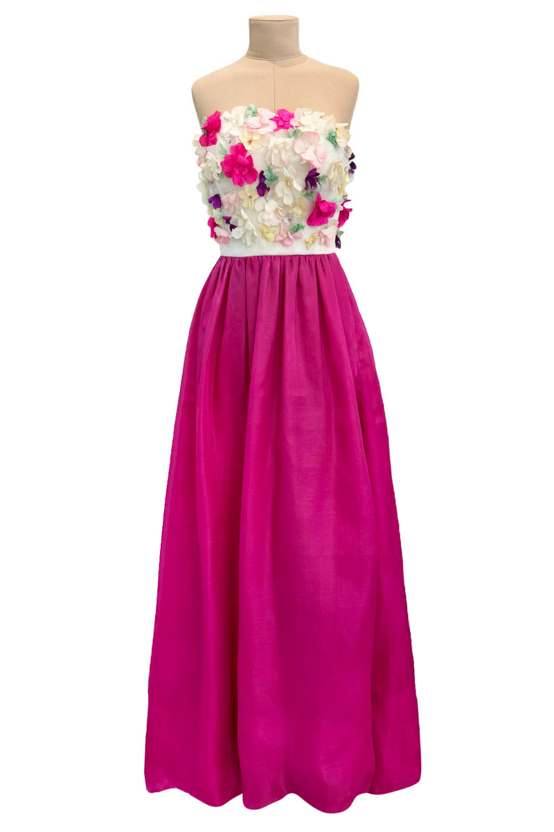 Dreamy 1982 Givenchy Strapless Silk Dress w Floral Appliques & Brilliant Full Pink Skirt