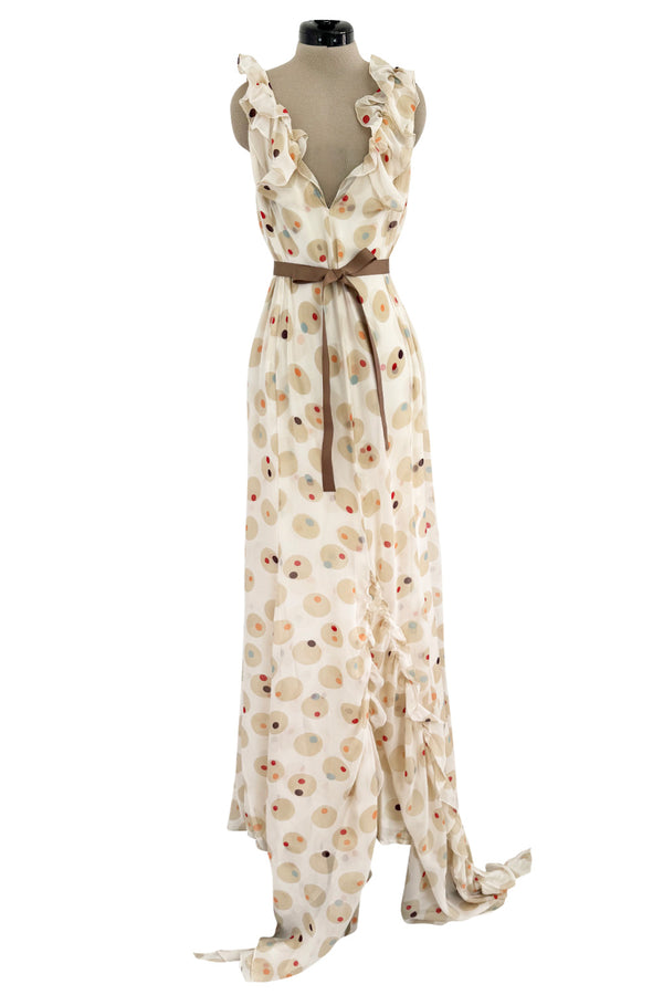 Prettiest 1980s Bill Blass Soft Taupe & Ivory Silk Chiffon Dress w Ruffles & Dot Print