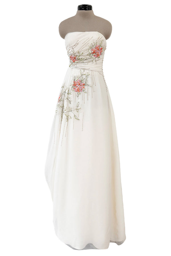 Exceptional Spring 2008 Christian Dior by John Galliano Ivory Silk Chiffon Dress w Floral Embroidery