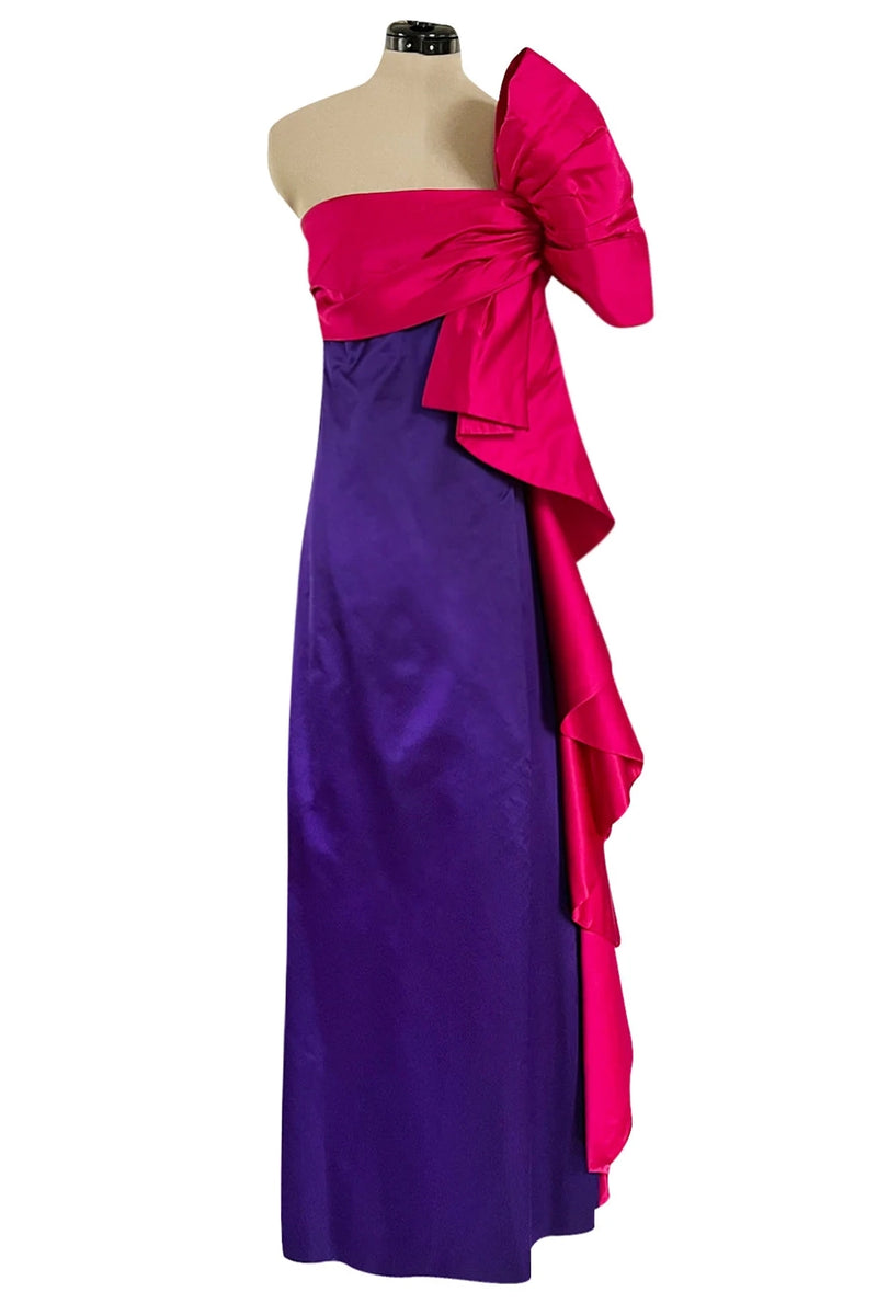 Spring 1984 Bill Blass Runway Purple Silk Dress w One Shoulder Bow & Long Ruffle