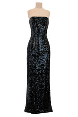 Incredible 1980s Bob Mackie Strapless Black Sequin Dress w Slight Train