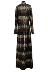 Extraordinary 1970s Donald Brooks Metallic Copper, Gold & Black Sequin & Lame Knit Dress