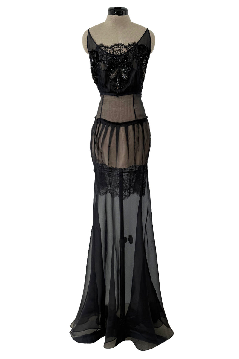 c.2006 John Galliano Black Silk Organza & Lace Dress w Elaborate Sequin Detailing