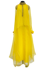 Prettiest Pre-Fall 2020 Gucci by Alessandro Michele Yellow Silk Dress Caftan w Jewel Collar & Front