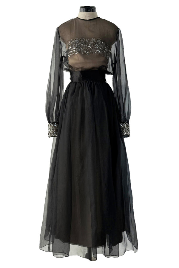 Dreamy 1960s Roger Freres Black Silk Organza Dress w Rhinestone Detailing