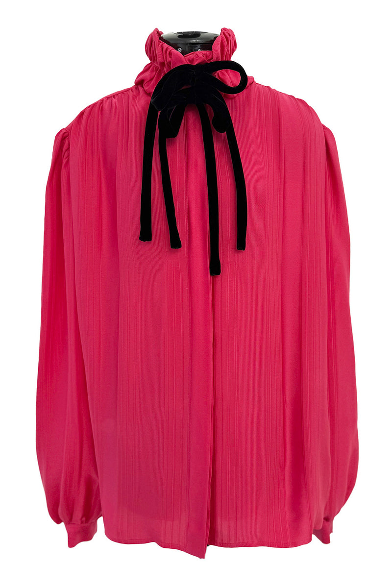 Prettiest 1970s Original Valentino Pink Silk Ruffle Top w Velvet Ties & Boxy Cut