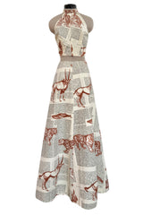 1970s Thea Porter WildLife & Text Printed Ivory Cotton Skirt & Halter Set