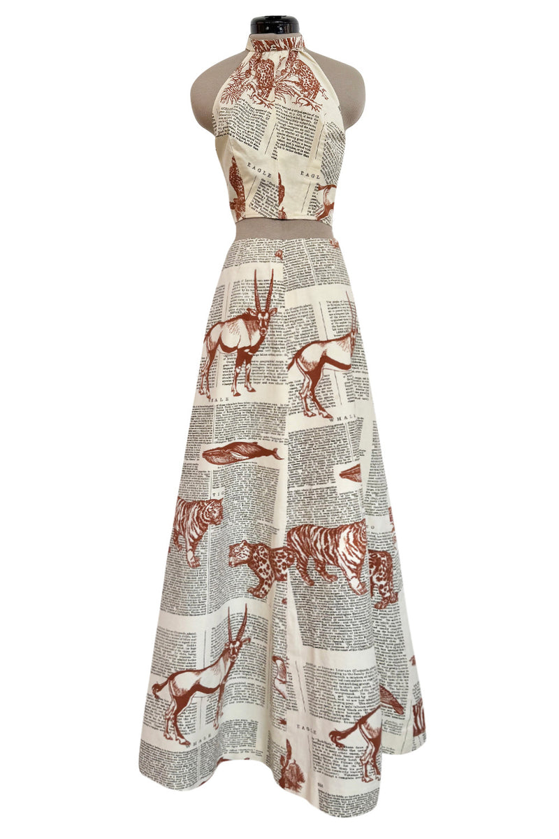 1970s Thea Porter WildLife & Text Printed Ivory Cotton Skirt & Halter Set