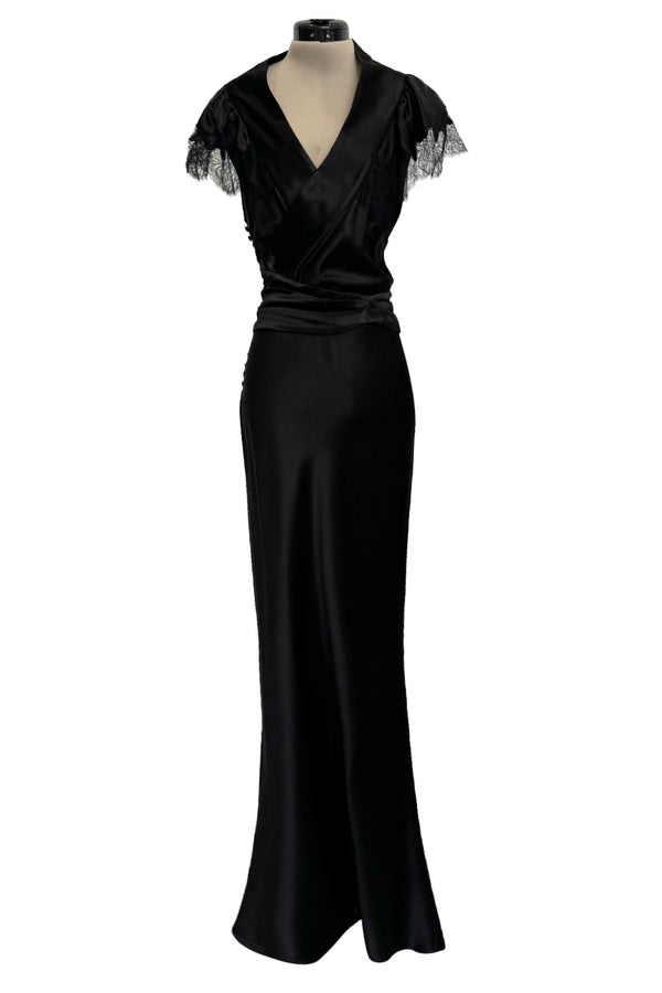 Iconic Fall 2005 John Galliano Black Silk Bias Cut Dress w Plunge Front & Lace Trimmed Cap Sleeves