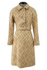 Chic 1960s Malcolm Starr by Elinor Simmons Gold Metallic Brocade Dress & Jacket Set