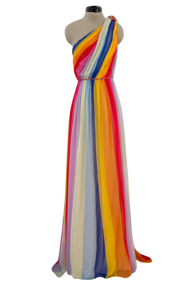 Resort 2019 Carolina Herrera by Wes Gordon Look 7 One Shoulder Rainbow Stripe Silk Chiffon Dress