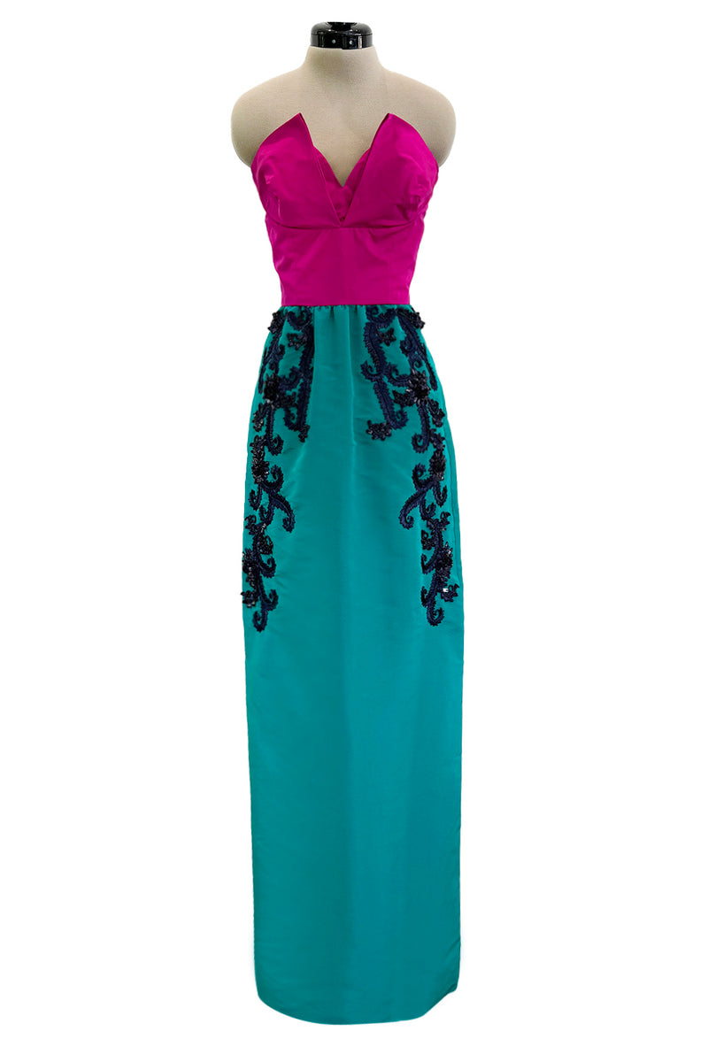 Resort 2016 Oscar de la Renta Look 34 Emerald Green & Pink Strapless Dress w Applique Work