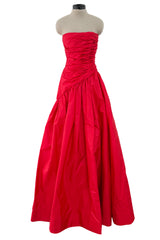 Late 1970s Unlabeled Strapless Red Silk Dress w Gathered Bodice & Full Skirt