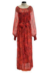 1970s Christian Dior by Marc Bohan Deep Coral Silk Chiffon Caftan Dress w Sash