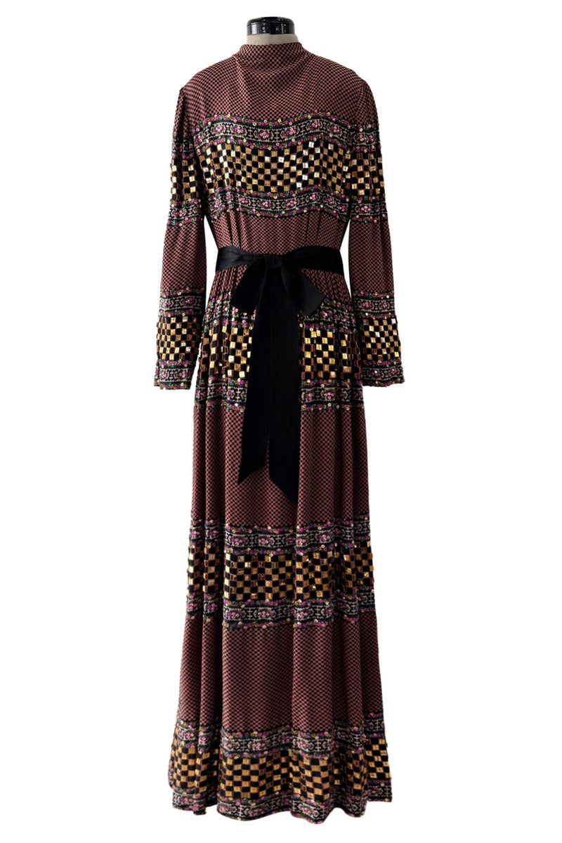 1970s Christian Dior by Marc Bohan Printed Silk Dress w Sequin Detailing & Bow Belt