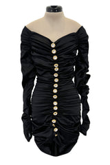 Remarkable Early 1990s Angelo Tarlazzi Black Stretch Mini Dress w Gold & Rhinestone Buttons