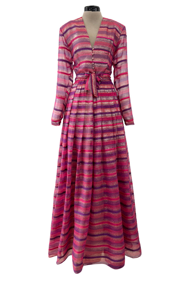 Prettiest 1980s Hanae Mori Pink Striped Silk Chiffon Dress w Metallic Gold Thread