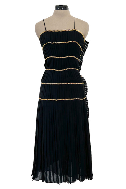 Incredible Spring 1988 Chanel by Karl Lagerfeld Runway Black Pleated Silk Chiffon Dress w Chain Detailing