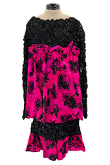 Dramatic Fall 1987 Yves Saint Laurent Runway Pink & Floral Silk Dress w Lace & Sequin Detail