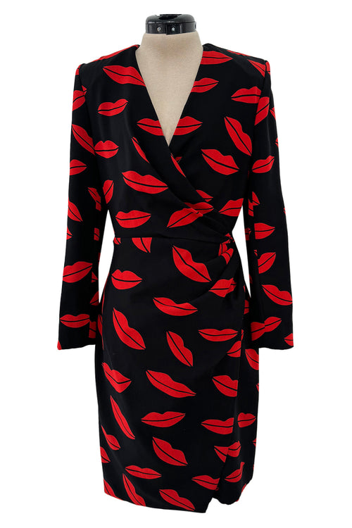 Iconic Spring 2014 Saint Laurent by Heidi Slimane Black & Red Lip Print Silk Wrap Dress