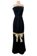 Spring 1979 Givenchy Haute Couture Runway Black Silk Chiffon Strapless Dress w Gold Sequin Bow Dress