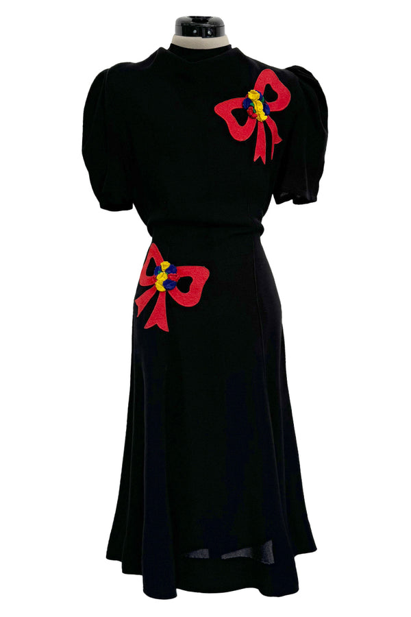 Gorgeous 1940s Unlabeled Black Crepe Dress w 3D Floral Detailed Bright Red Bow Appliques