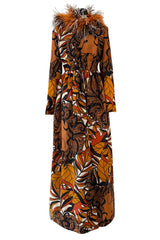 Early 1970s Bill Blass Couture Hand Beaded Lion Print Dress w Elaborate Feather Collar