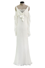 Prettiest 2000s Blumarine Sposa Ivory Chiffon Wedding Dress w Attached Sleeves & Open Shoulder