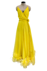 Oscar de la Renta 1970s Yellow Chiffon & Feather Dress