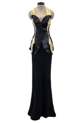 c.1973 Loris Azzaro Backless Black Jersey Dress w Gold & Black Sequin Flame Halter Top