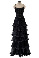 Exquisite Fall 2003 Valentino Beaded Floral Bodice Dress w Ruffled Silk Chiffon Skirting