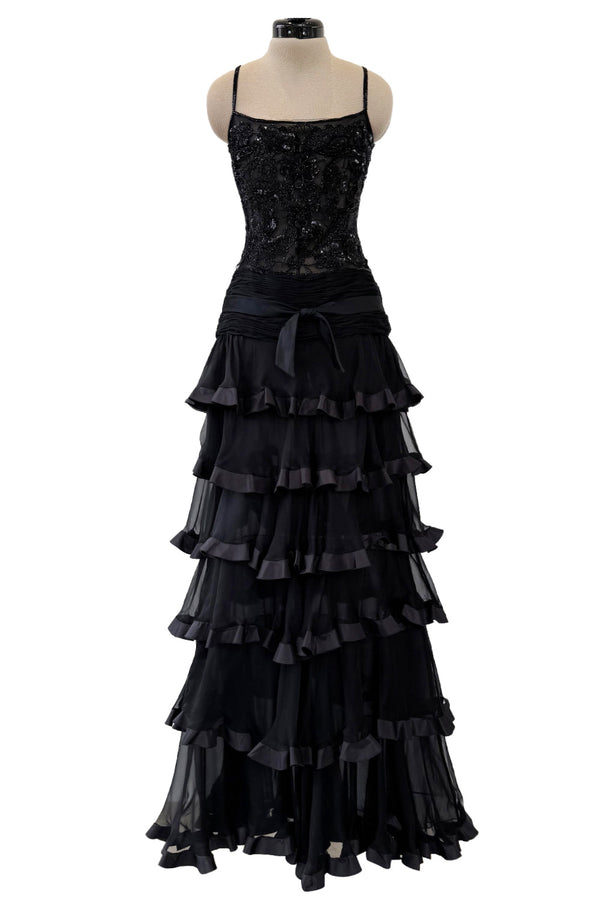 Exquisite Fall 2003 Valentino Beaded Floral Bodice Dress w Ruffled Silk Chiffon Skirting