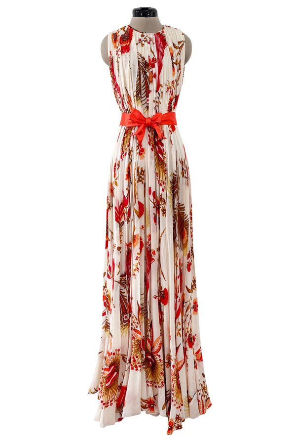 Prettiest 1980s Bill Blass Pleated Silk Chiffon Dress w Coral Flower & Fern Print