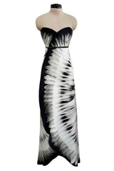 Fabulous 2007 Alexander McQueen Strapless Silk Black & Grey Tone Feather Print Dress