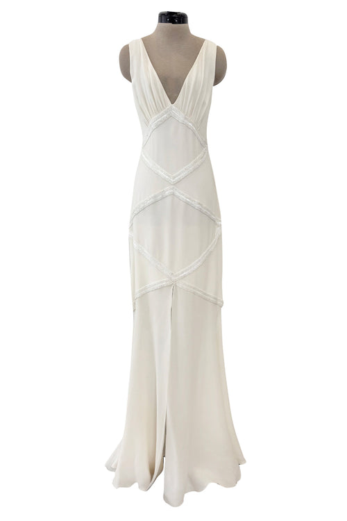 Gorgeous 2000s Valentino Bias Cut Ivory Silk Dress Dress w Beading Detail & Chiffon Skirt