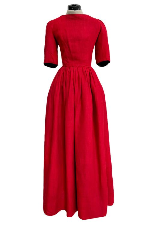 Dreamy Spring 1984 Lanvin by Jules-Francois Crahay Runway Red Linen & Black Dress w Open Bow Back