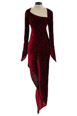 Fall 1994 Karl Lagerfeld Runway Deep Red Cut Velvet Bias Cut Dress w Angled Hem