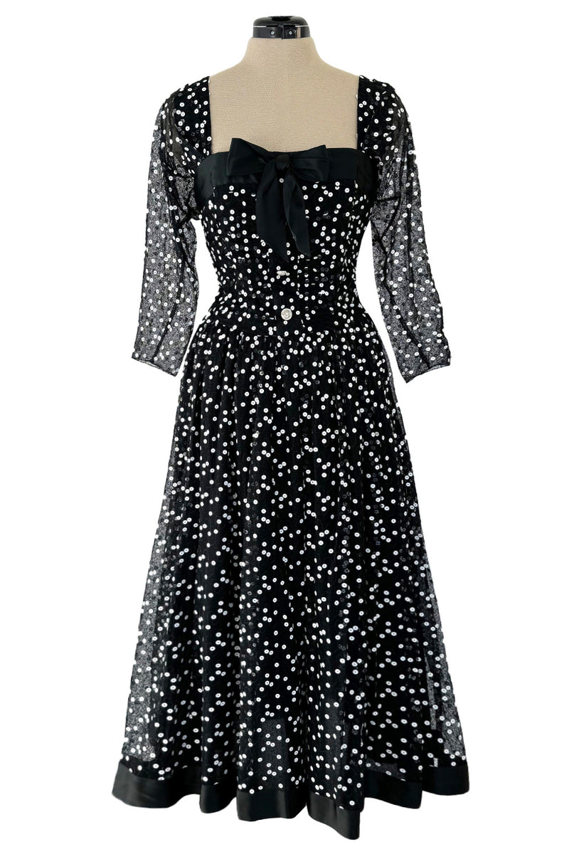 Prettiest Fall 1979 Christian Dior by Marc Bohan Black Silk Lace Net Dress w White  Sequins & Bows