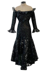 Spring 1987 Yves Saint Laurent Runway Black Net & Raffia High Low Dress w Ruffle Detail