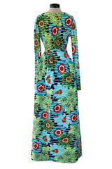 Prettiest c1972 Lanvin by Jules-Francois Crahay Printed Silk Jersey & Waffle Weave Low Back Dress