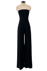 Fabulous 1980s Unlabeled Halston Black Strapless Cashmere Jumpsuit w Built in Inner Corset