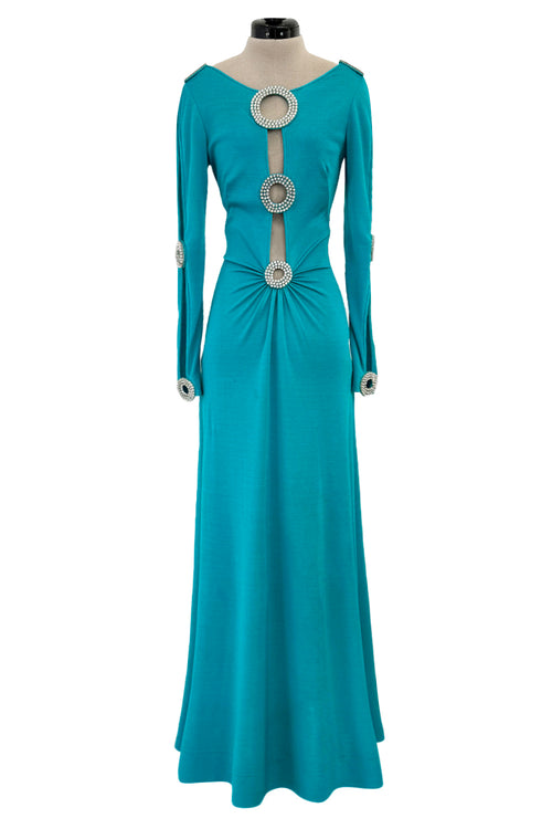 Spectacular Early 1970s Loris Azzaro Plunging Turquoise Silk Jersey w Open Rhinestone Rings