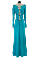 Spectacular Early 1970s Loris Azzaro Plunging Turquoise Silk Jersey w Open Rhinestone Rings