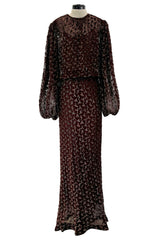 Beautiful 1980s Oscar de la Renta Metallic Fused Velvet on Silk Chiffon Dress w Balloon Sleeves