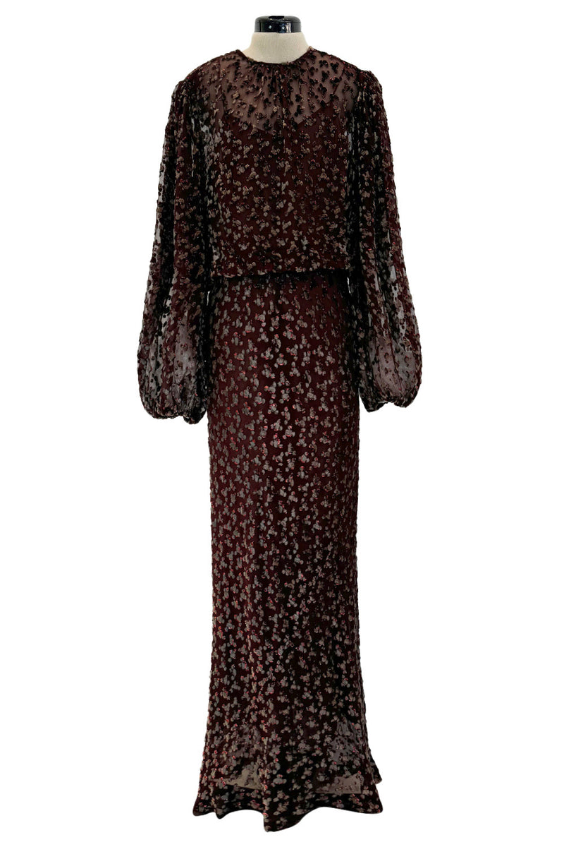 Stunning 1980s Oscar de la Renta Velvet Devore & Silk Chiffon Dress w Balloon Sleeves & Metallic Thread