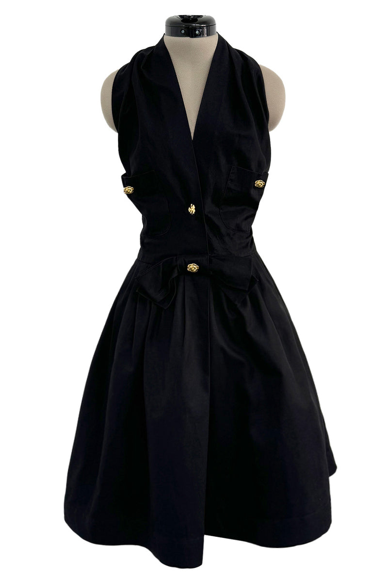 Gorgeous Little 1980s Chanel by Karl Lagerfeld Black Cotton Halter Dress w Full Skirt