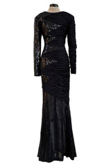 Amazing 1970s Loris Azzaro Black Sequin & Jersey Inset Dress w Low V Back